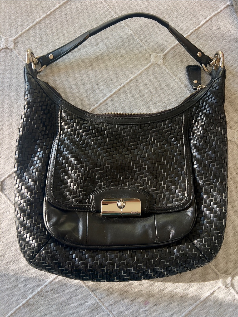Coach Black Woven Leather Hobo with Silver Hardware